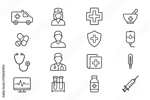 Medical Line Icons Set — Healthcare, Doctors, and Hospital Equipment