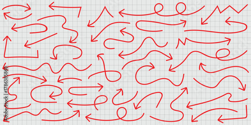 A grid background filled with various red hand drawn arrows pointing in different directions and shapes
