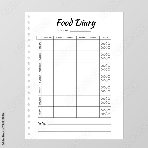 Food Diary template. Weekly meal planner paper sheet. Notebook page on grey background. Stationery for planning menu and grocery. Realistic vector illustration.  Minimalist design.