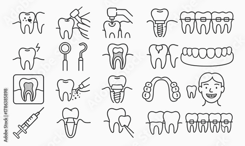 Dental Care Line Icons Set — Tooth Treatment, Implants, and Orthodontics