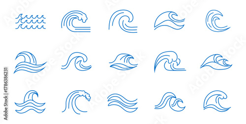 Blue ocean wave line icons collection. Sea wave with splashes, blue ocean wavy decorative shapes. Water linear marine decoration. Abstract simple graphics, nautical oceanic surf symbols vector set.