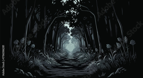 Mysterious dark forest path with ethereal light beckoning you into an unknown adventure