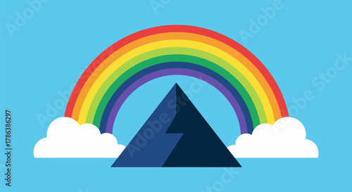 A stylized illustration of a rainbow arching over a dark mountain peak, with fluffy white clouds on either side against a vibrant blue sky