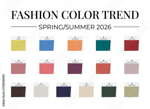 Fashion Color Trend Spring - Summer 2026. Trendy colors palette guide. Fabric swatches with color names. Vector template for your creative designs.