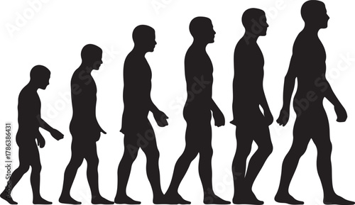 Progressing human evolution is demonstrated by gradually changing postures of black silhouettes against white background