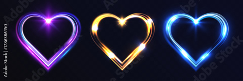 Glowing light heart shapes set in blue, purple, and golden colors, luminous energy lines, romantic bright sparkle effects, futuristic valentine love symbol design on dark transparent background.
