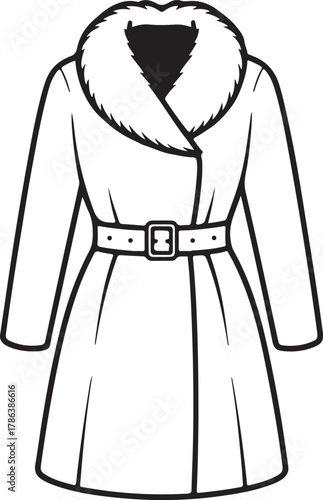 Detailed line art illustration of a classic women's belted winter coat with fur collar. Vector