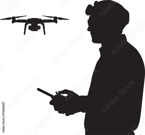 Silhouette depicts a man piloting a flying drone with a remote control with transparent background