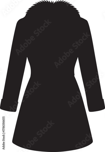 Elegant women's winter coat silhouette with luxurious fur collar design element. Vector