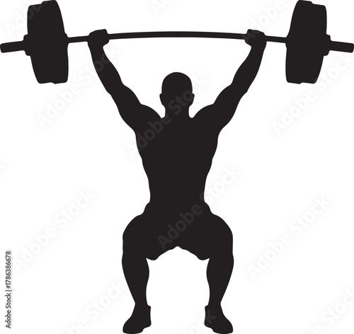 Silhouette depicts muscular man lifting barbell high above in a squat position, transparent background