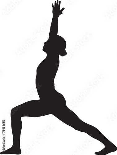 Silhouette of a black woman strikes warrior one yoga pose with transparent background