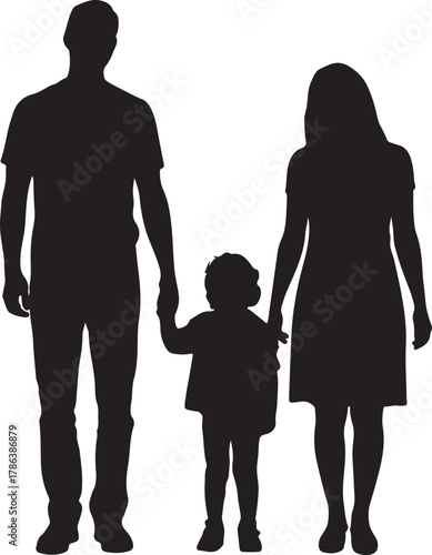Silhouette of a family walks holding hands featuring parents and toddler in transparent background
