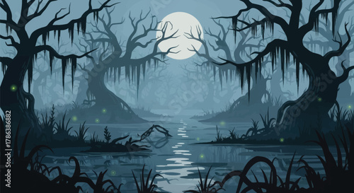 Mysterious full moon illuminates a spooky, enchanted swamp at twilight with glowing fireflies guiding the way through gnarled trees and dark water.