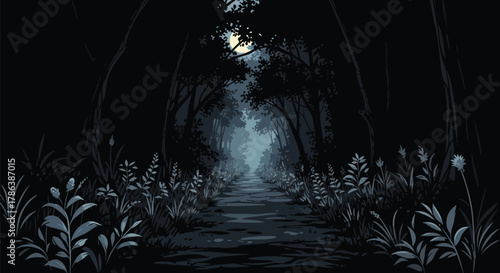 Mysterious moonlit forest path beckons adventurers into an enchanting nocturnal landscape filled with subtle magic and wonder