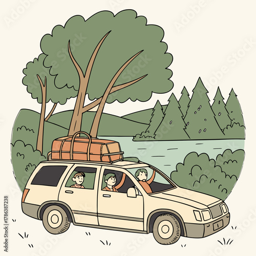 Family adventure with station wagon packed for travel near lake and forest with luggage on the roof rack