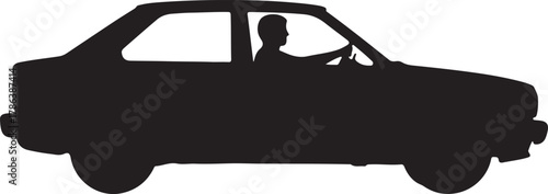 Silhouette shows driver controlling vintage car steering wheel for a monochrome automotive journey