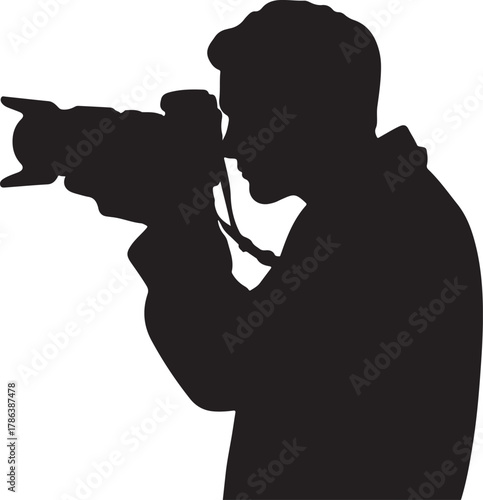 Silhouette shows photographer aiming camera during shoot on a transparent background