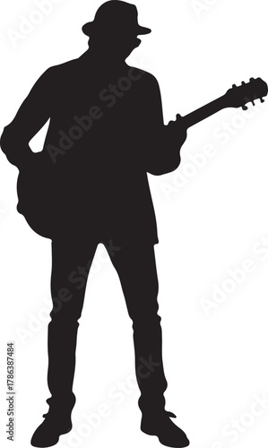 Silhouette shows musician with a hat, playing the acoustic guitar, isolated on transparent background