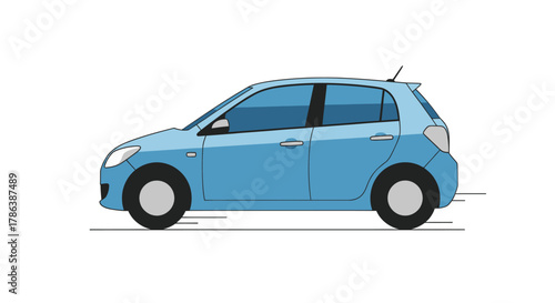 Blue hatchback car in motion vector illustration of a compact vehicle isolated on white background