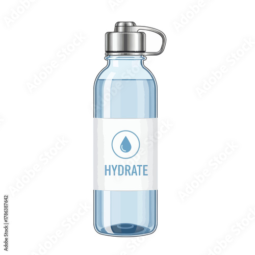 Reusable water bottle with a label promoting hydration isolated on white background