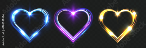 Glowing light heart shapes set in blue, purple, and golden colors, luminous energy lines, romantic bright sparkle effects, futuristic valentine love symbol design on dark transparent background.
