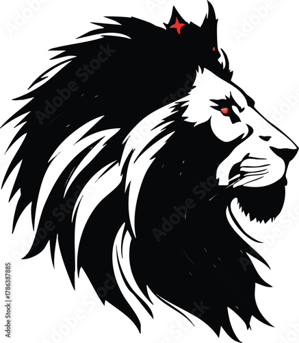 Stylized lion head with red accents and botanical flower grid vector illustration