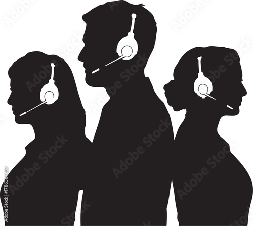 Silhouetted call center team three diverse operators wearing headsets with transparent background