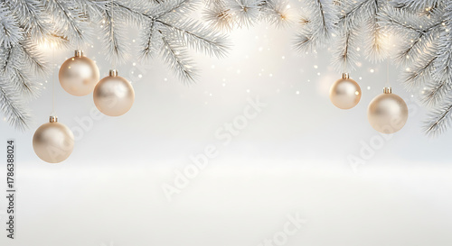 Festive holiday banner with white fir branches, hanging golden baubles, and glowing lights on a silver background