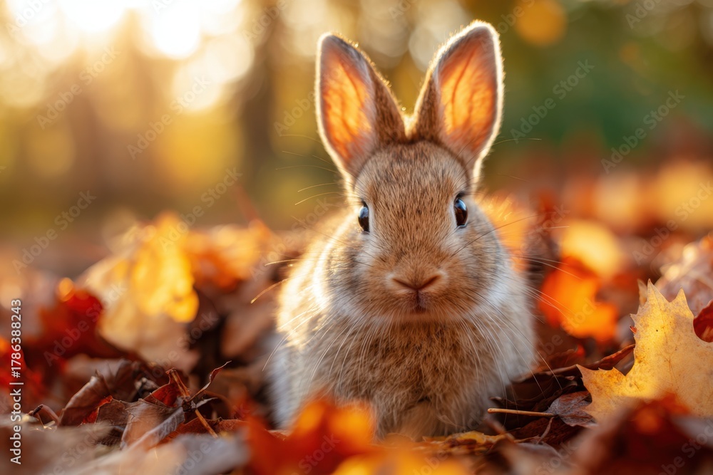 Fototapeta premium Cute rabbit in autumn leaves