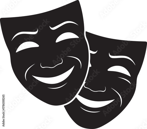 Two black theatre masks are overlapping, depicting joy and sadness with a transparent background