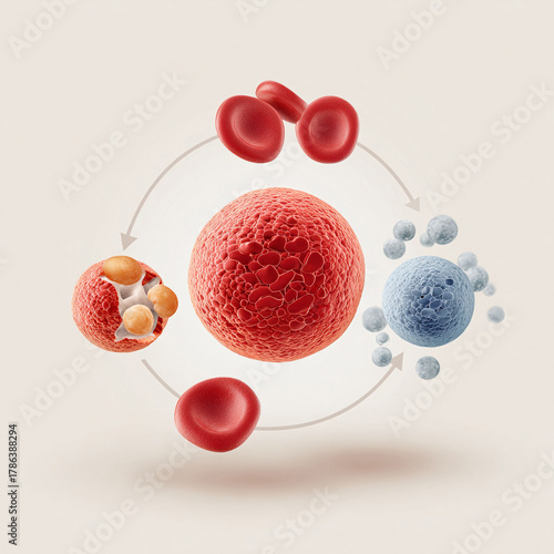 Medical illustration of blood cell life cycle health, science concept. Use for disease, research, anemia, or hematology. Graphic element with detailed rendering.