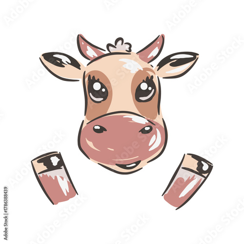 Cute cartoon cow with big eyes looking forward smiling isolated on white, clip art vector
