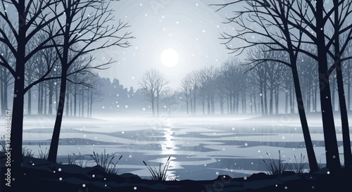 Serene winter landscape with bare trees, falling snow, and a glowing full moon over a frozen, reflective lake surface