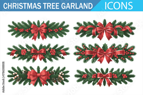 Christmas tree garland icons set with pine branches, red ribbons, and holly berries