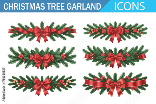 Collection of Christmas tree garland icons featuring pine branches, red ribbons, holly berries, and festive decorations in a realistic holiday style for seasonal design, celebration, and winter decor 