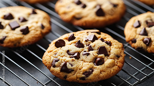 Delicious homemade chocolate chip cookies cooling on a wire rack display for National Cookie Day, Chocolate Chip Cookie Week, Cookie Exchange Day, Homemade Cookies Day