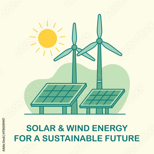 Solar panels and wind turbines generating renewable energy