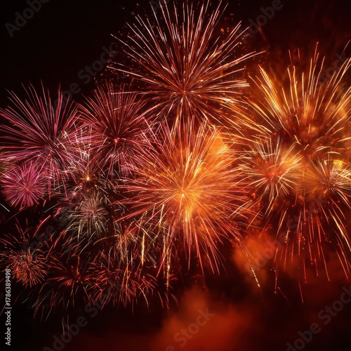 Vibrant explosion of colorful fireworks illuminating the dark night sky with dazzling bursts of light and energy