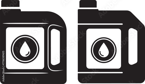 Two black oil can silhouettes with labels