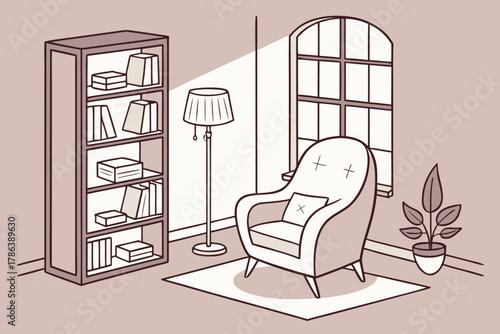 Modern reading nook interior, comfy chair and bookshelf, warm light vector illustration