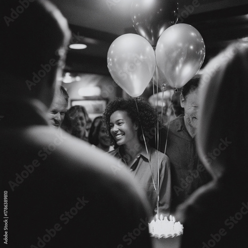 Joyful celebration with balloons and cake. A smiling woman surrounded by friends, enjoying a birthday party. Black and white, nostalgic, candid style.