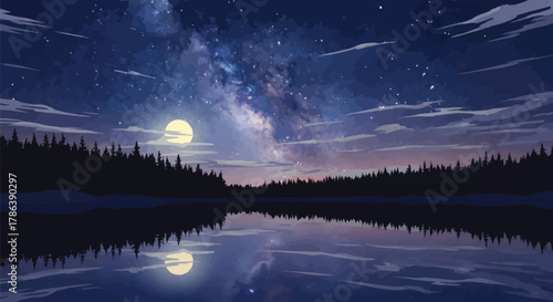 Stunning Milky Way galaxy illuminates serene lake reflecting a star filled night sky over silhouetted pine forest