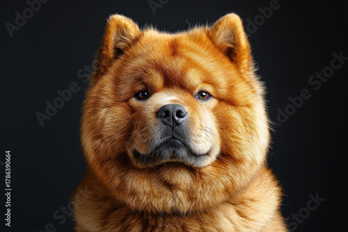 Closeup portrait of fluffy red Chow Chow dog with intense gaze and thick fur on dark studio background Generative AI