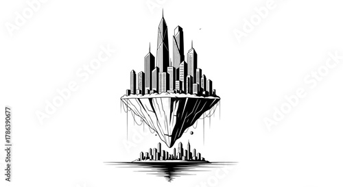 inimalist black & white vector illustration of a surreal floating island cityscape: sleek geometric skyscrapers rising from a organic curved cliff, with thin black outlines on white background — refle