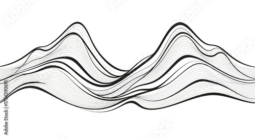 Black and white minimalist vector of abstract mountain waves made with smooth curved lines and negative space symmetry, no color, clean outline, futuristic zen landscape, isolated composition, vector