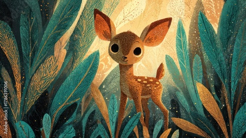 Adorable young deer with large expressive eyes standing in a lush magical forest with golden light filtering through the leaves