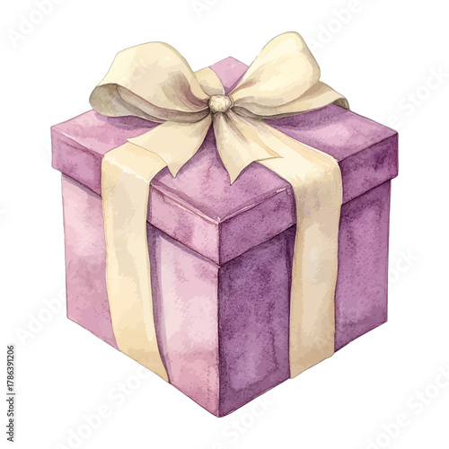 Watercolor Purple Lilac Gift Box with Beige Ribbon Bow Vector Clipart
