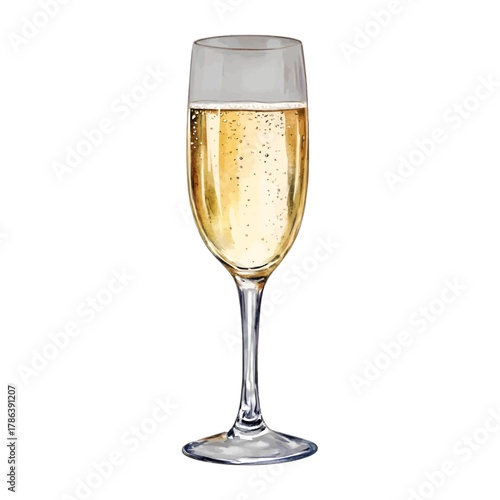 Watercolor Champagne Flute Glass with Sparkling Wine Clipart Vector
