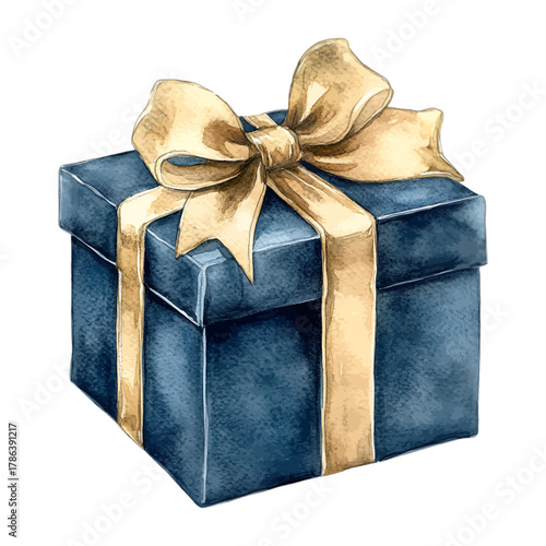 Watercolor Blue Gift Box with Gold Ribbon Bow Vector Clipart
