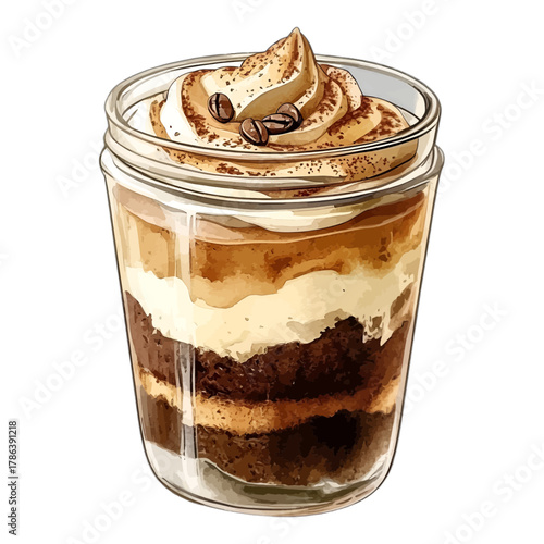Watercolor Tiramisu Layered Dessert in Glass Jar Vector Clipart
